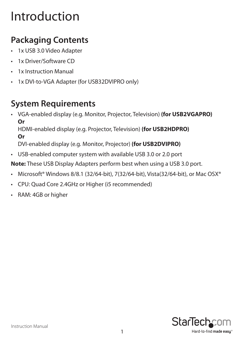 Introduction, Packaging contents, System requirements | StarTech.com USB32DVIPRO User Manual | Page 4 / 15