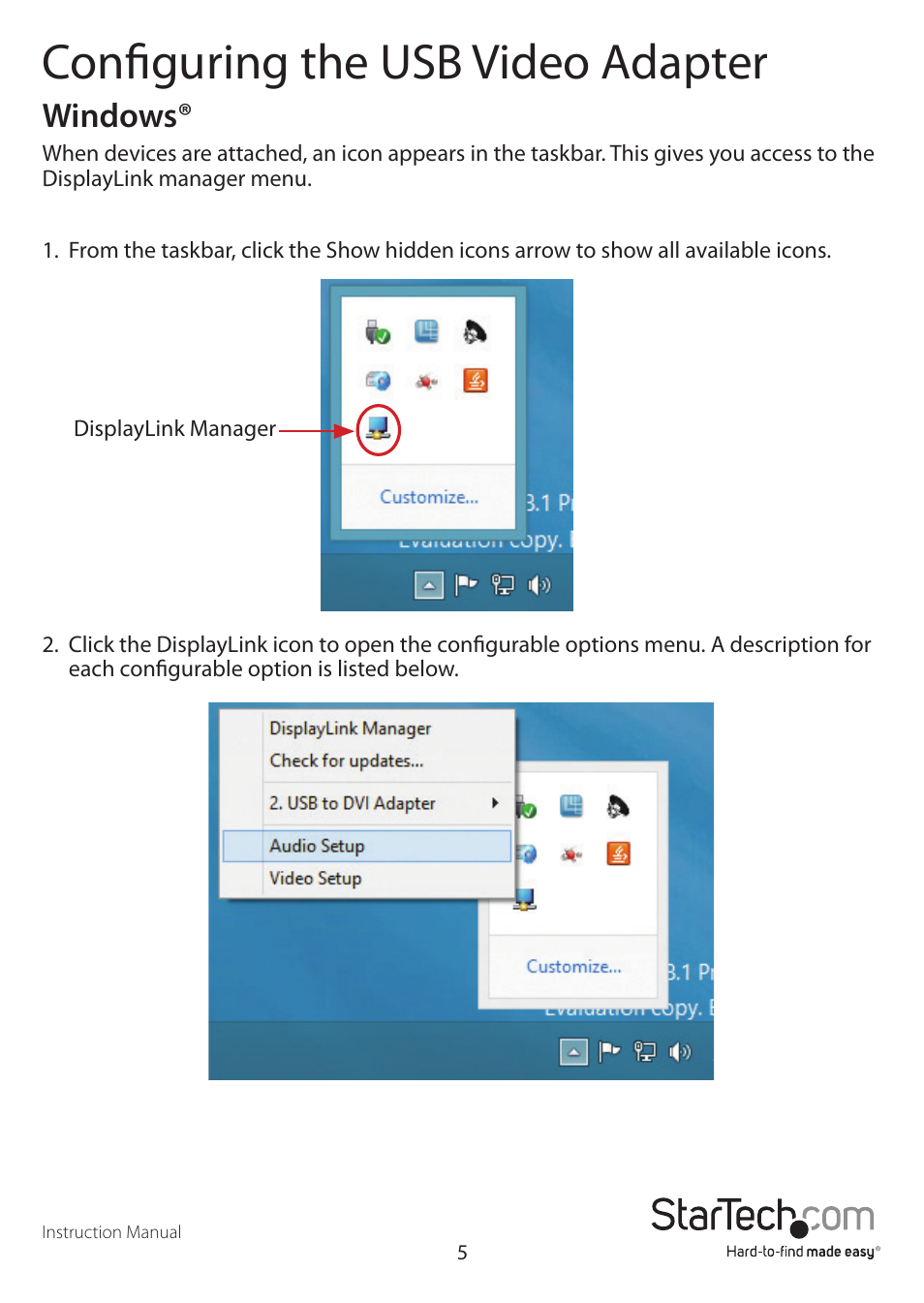 Configuring the usb video adapter, Windows | StarTech.com USB32DVIPRO User Manual | Page 8 / 15