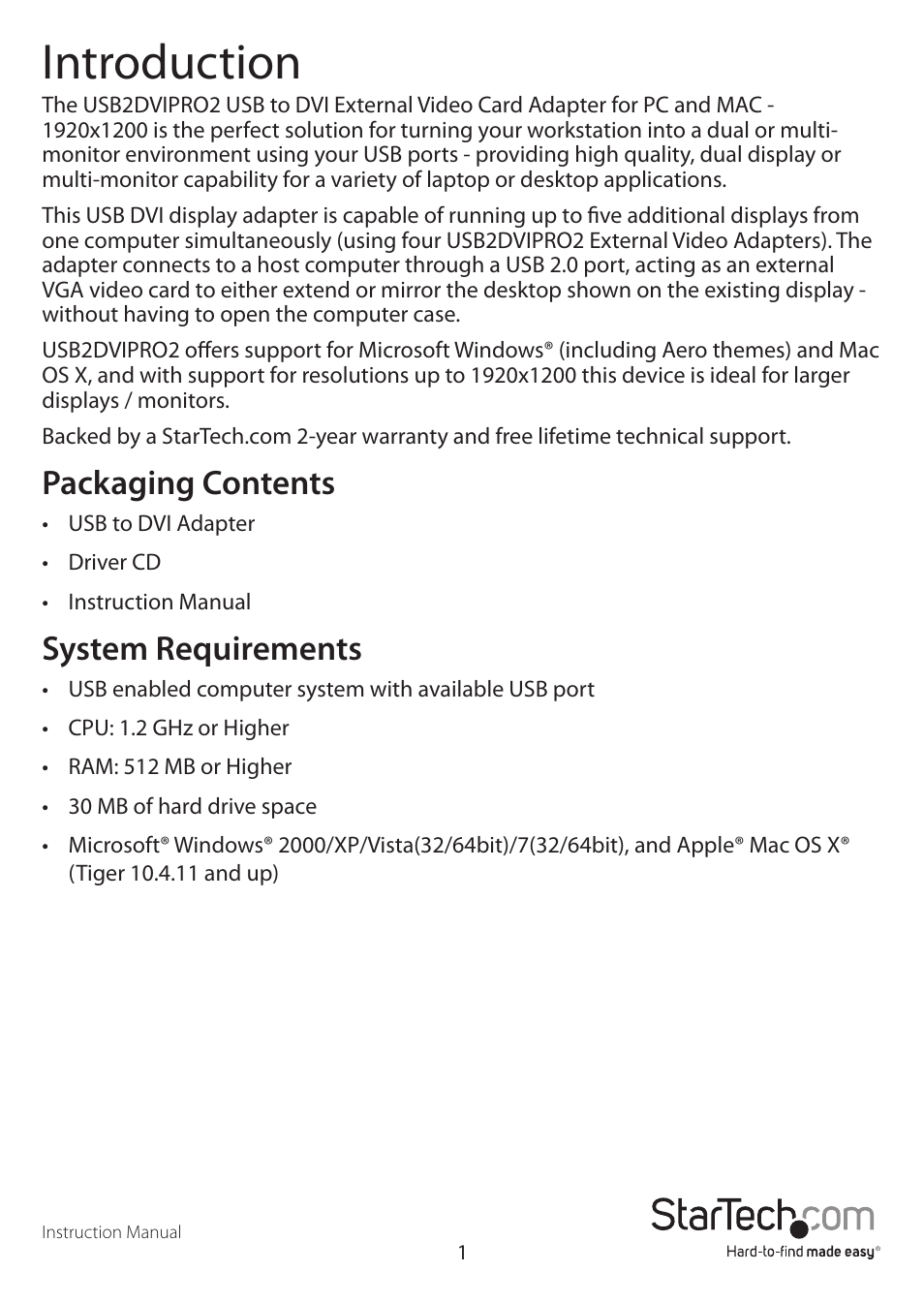 Introduction, Packaging contents, System requirements | StarTech.com USB2DVIPRO2 User Manual | Page 4 / 15