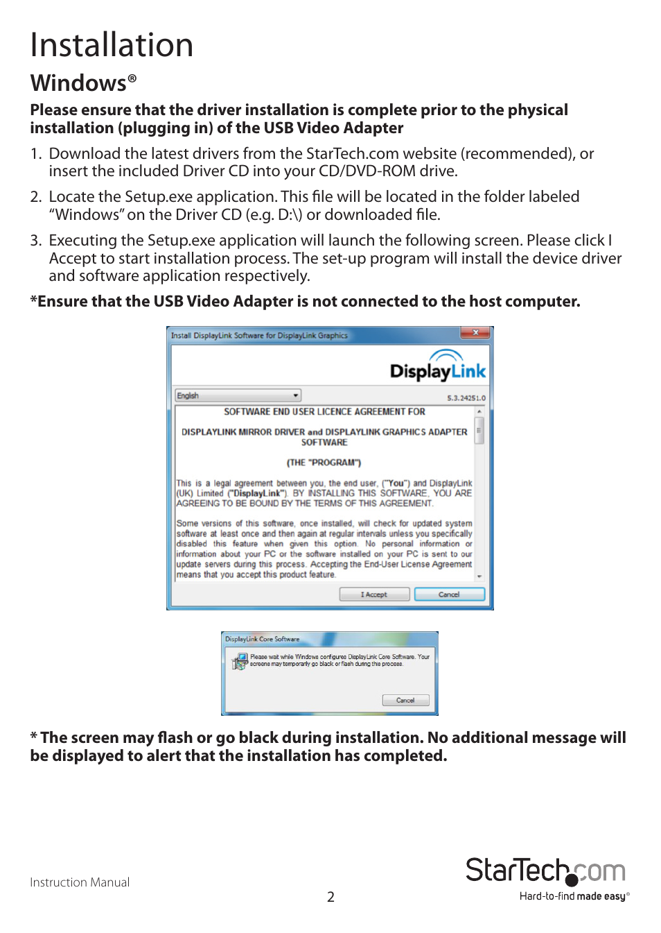 Installation, Windows | StarTech.com USB2DVIPRO2 User Manual | Page 5 / 15