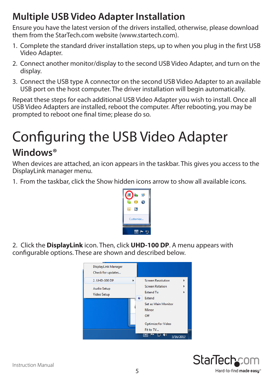 Configuring the usb video adapter, Multiple usb video adapter installation, Windows | StarTech.com USB2DVIPRO2 User Manual | Page 8 / 15