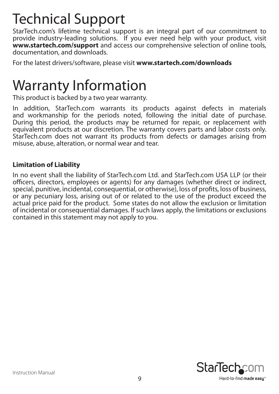 Technical support, Warranty information | StarTech.com USB32HDEH User Manual | Page 12 / 13