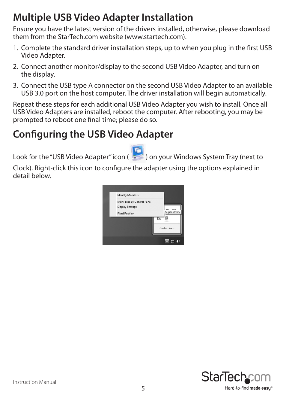 Multiple usb video adapter installation, Configuring the usb video adapter | StarTech.com USB32HDEH User Manual | Page 8 / 13