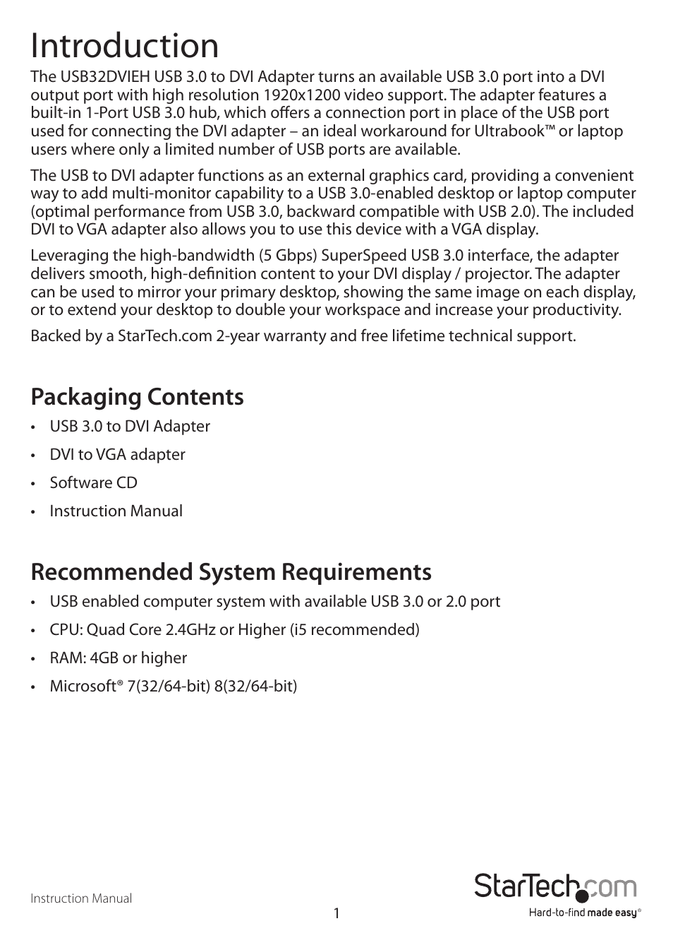 Introduction, Packaging contents, Recommended system requirements | StarTech.com USB32DVIEH User Manual | Page 4 / 13
