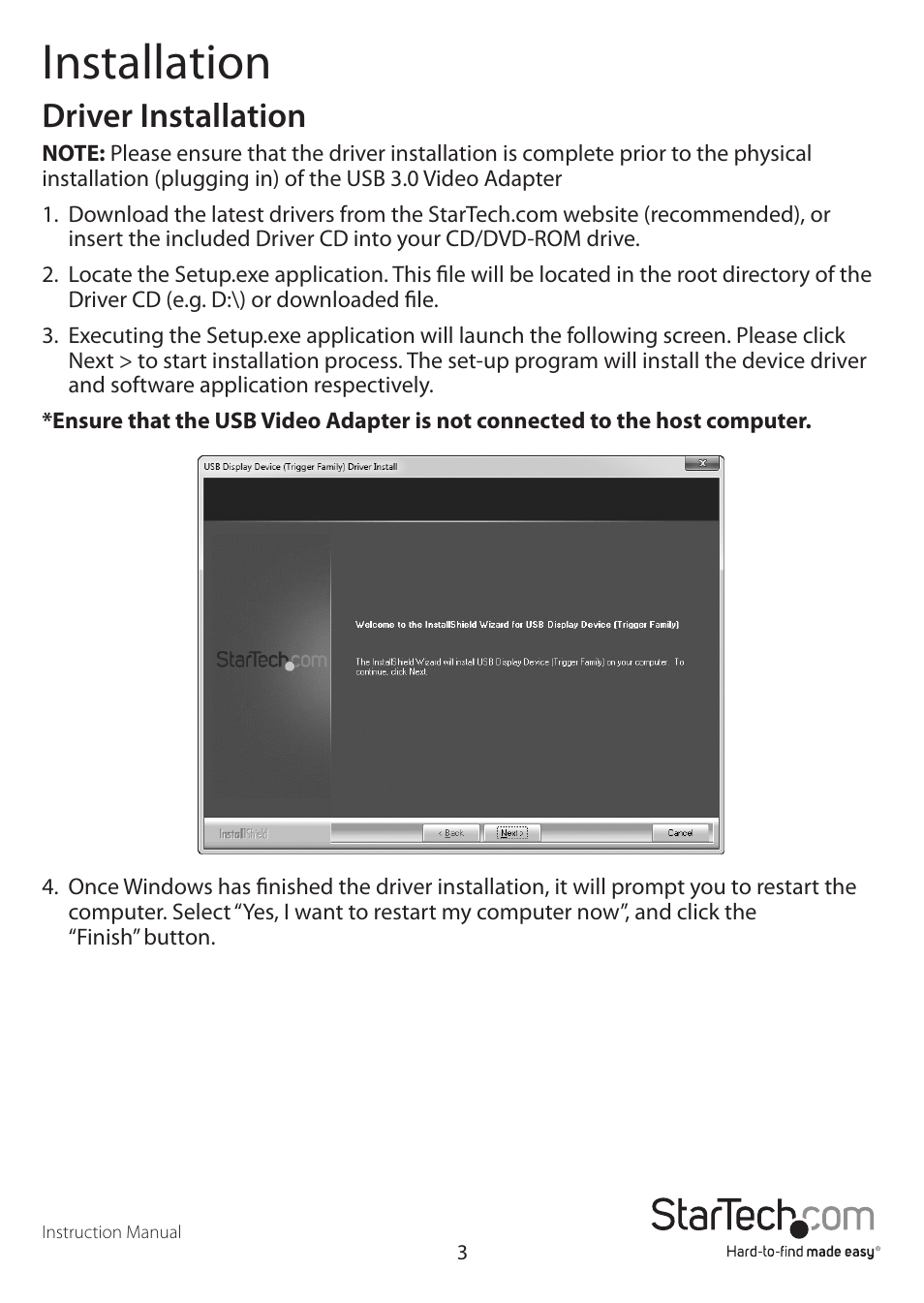 Installation, Driver installation | StarTech.com USB32DVIEH User Manual | Page 6 / 13