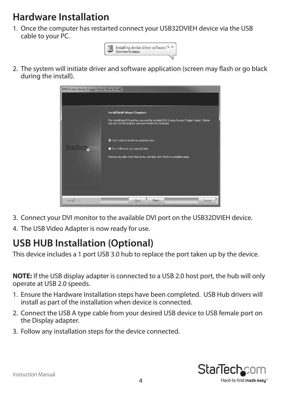 Hardware installation, Usb hub installation (optional) | StarTech.com USB32DVIEH User Manual | Page 7 / 13