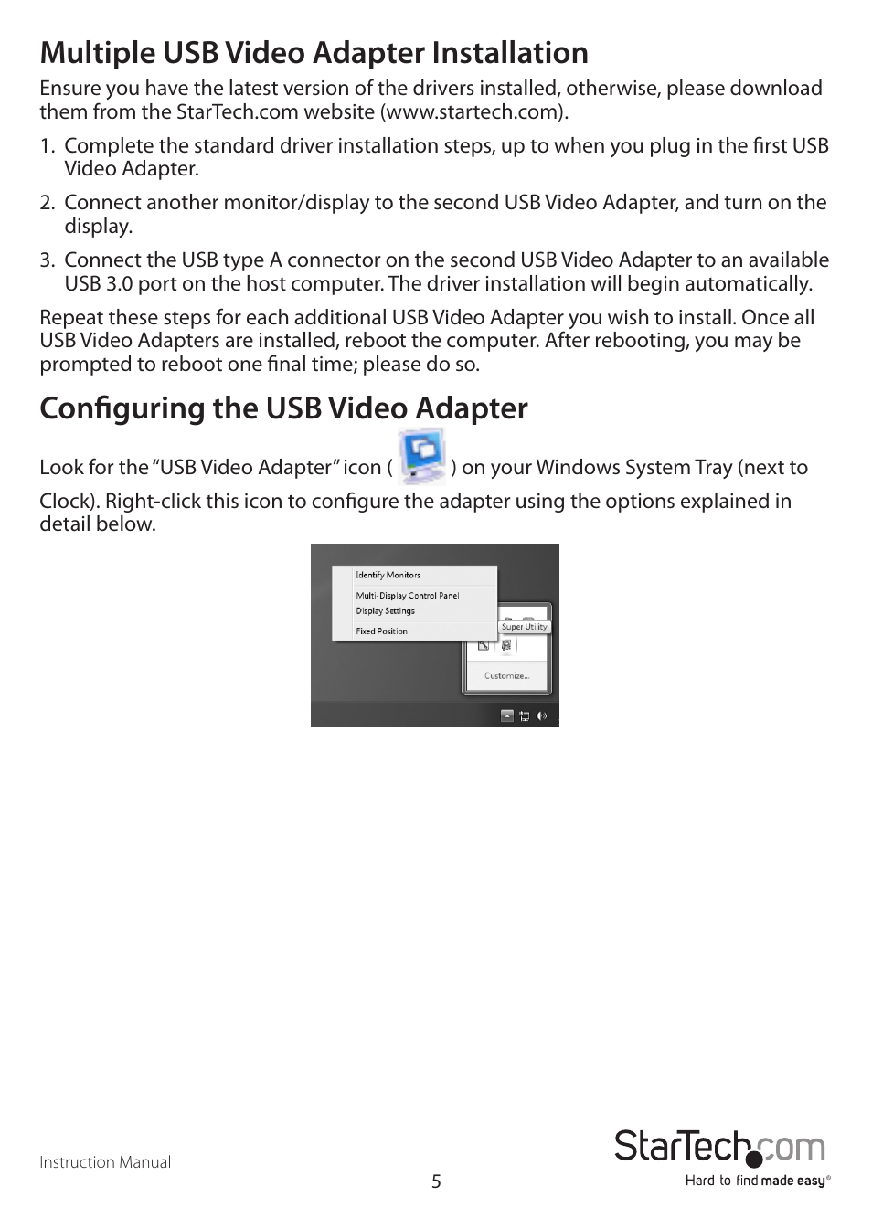 Multiple usb video adapter installation, Configuring the usb video adapter | StarTech.com USB32DVIEH User Manual | Page 8 / 13