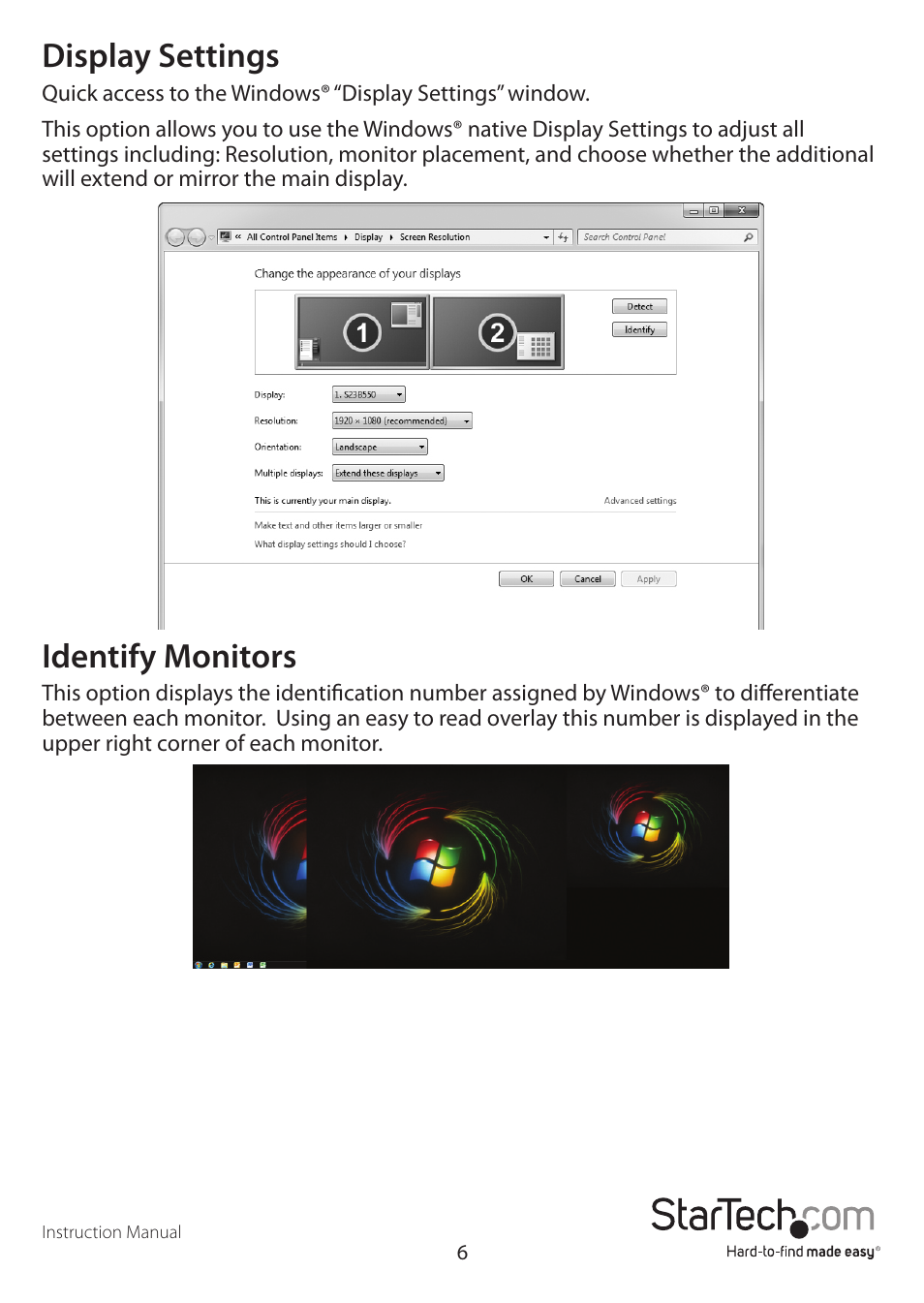 Display settings, Identify monitors | StarTech.com USB32DVIEH User Manual | Page 9 / 13