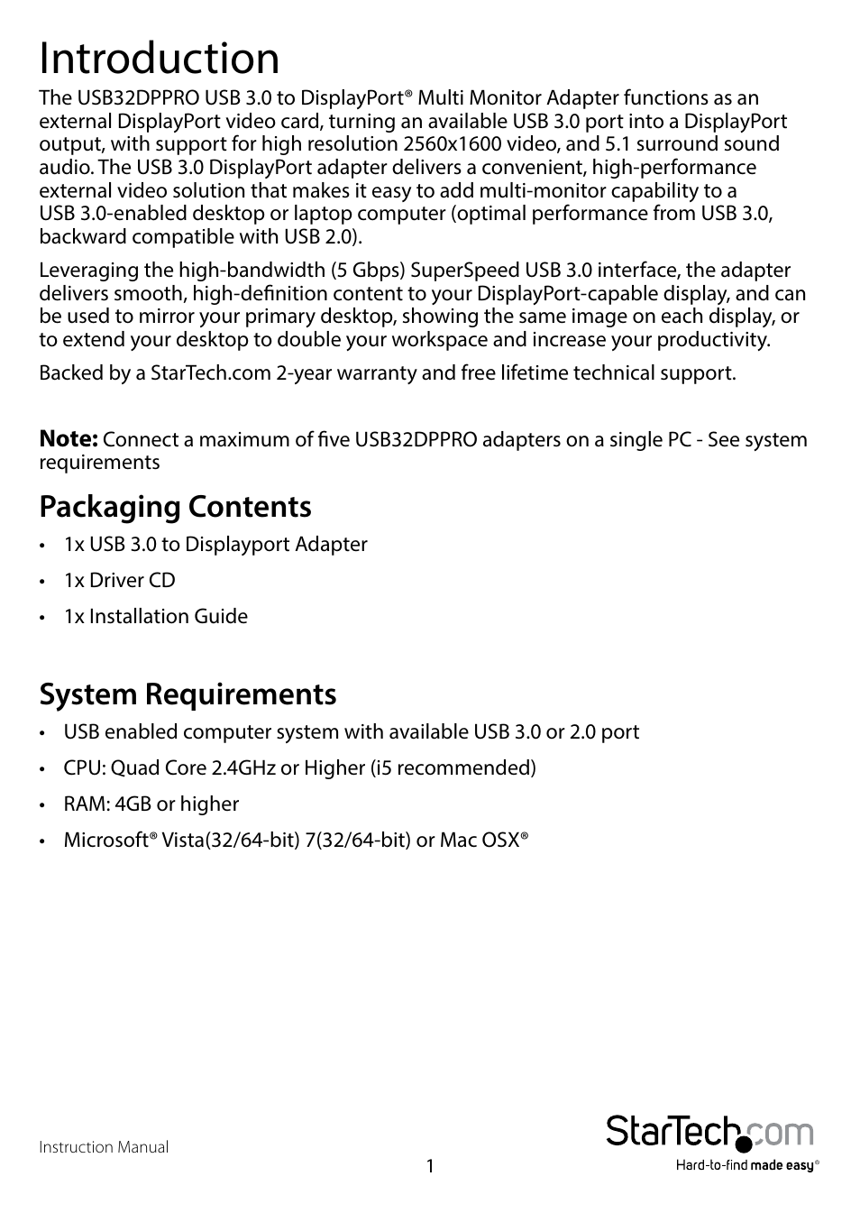 Introduction, Packaging contents, System requirements | Packaging contents system requirements | StarTech.com USB32DPPRO User Manual | Page 4 / 15