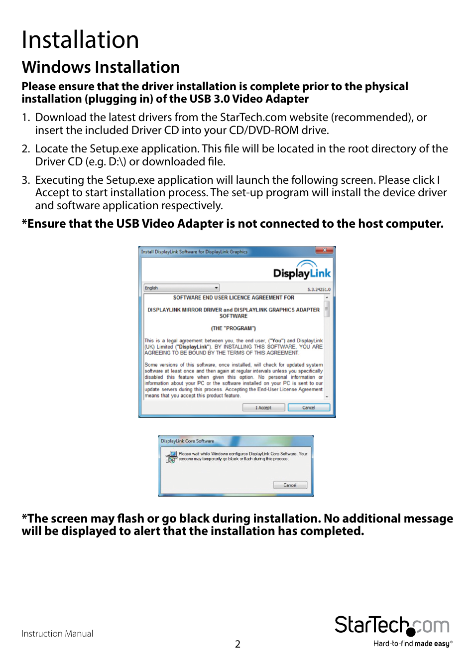 Installation, Windows installation | StarTech.com USB32DPPRO User Manual | Page 5 / 15