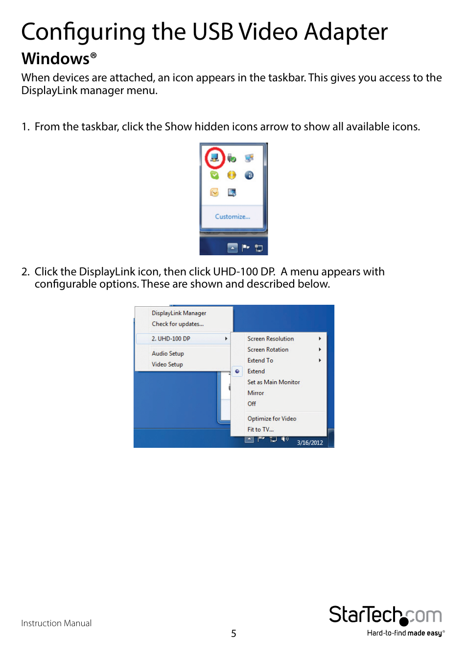 Configuring the usb video adapter, Windows | StarTech.com USB32DPPRO User Manual | Page 8 / 15