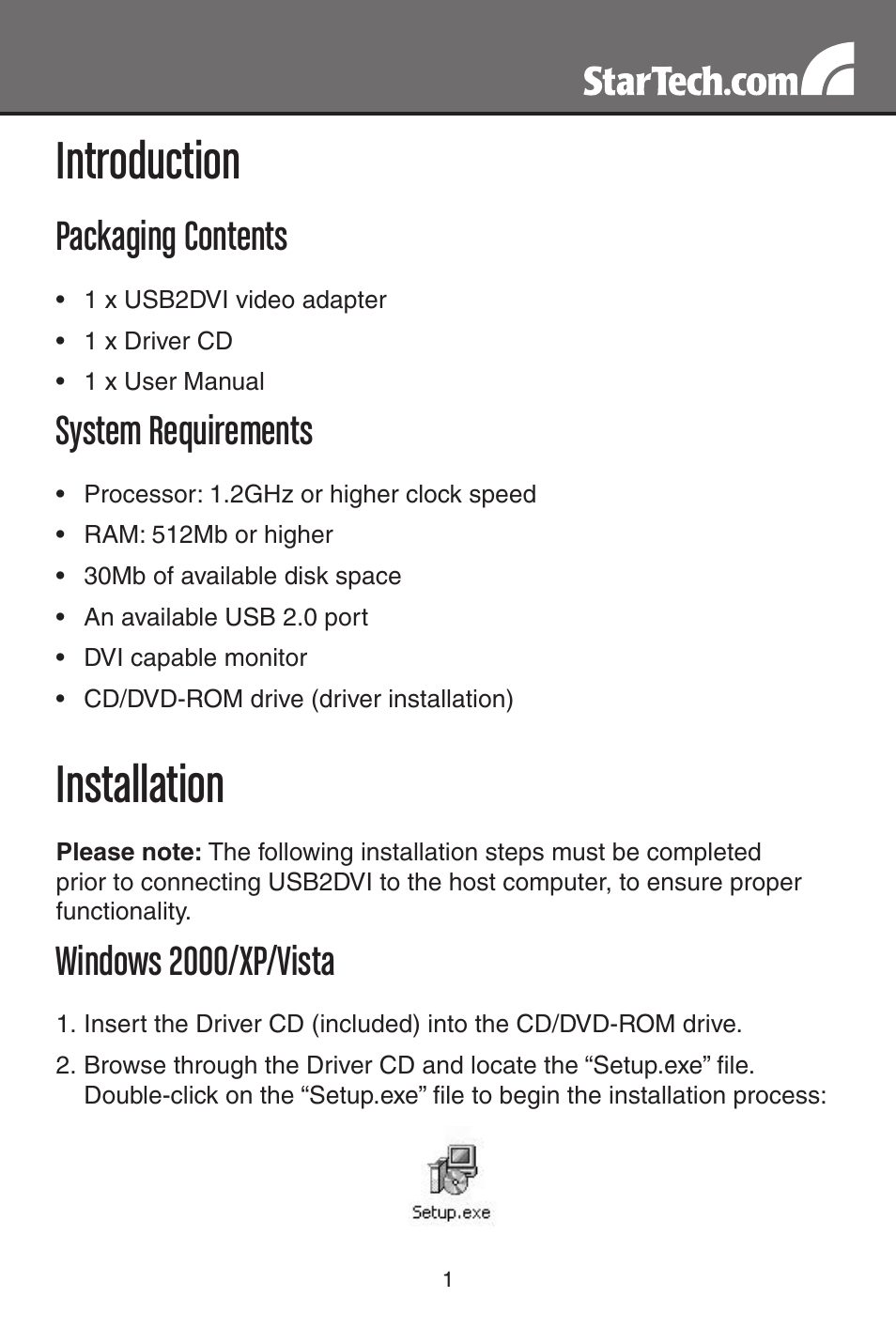 Introduction, Installation, Packaging contents | System requirements, Windows 2000/xp/vista | StarTech.com USB2DVI User Manual | Page 4 / 14