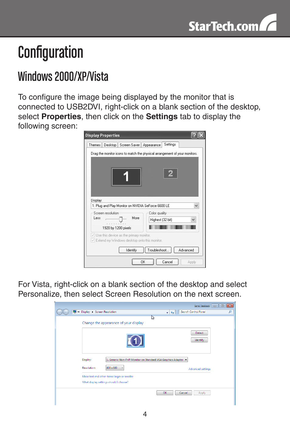 Configuration, Windows 2000/xp/vista | StarTech.com USB2DVI User Manual | Page 7 / 14