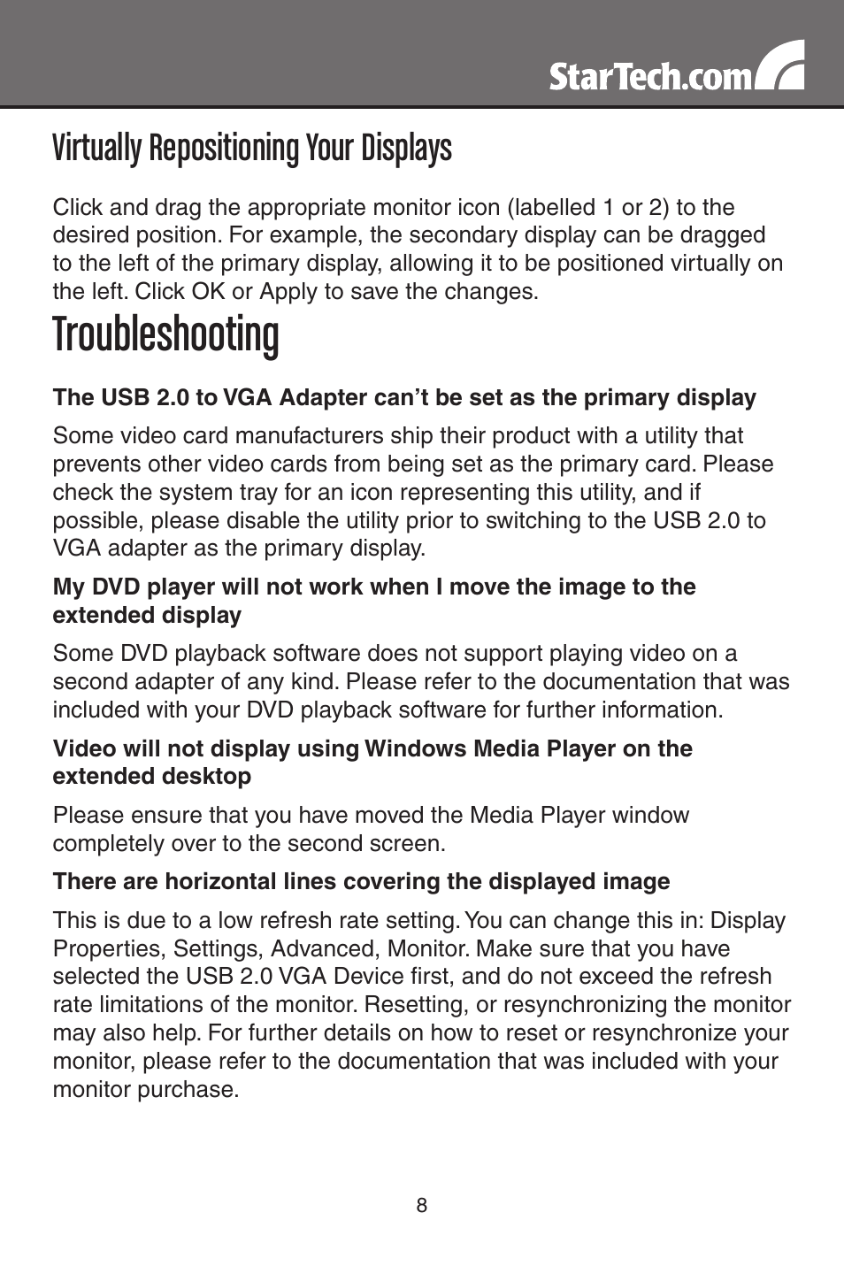Troubleshooting, Virtually repositioning your displays | StarTech.com USB2VGA2 User Manual | Page 11 / 15