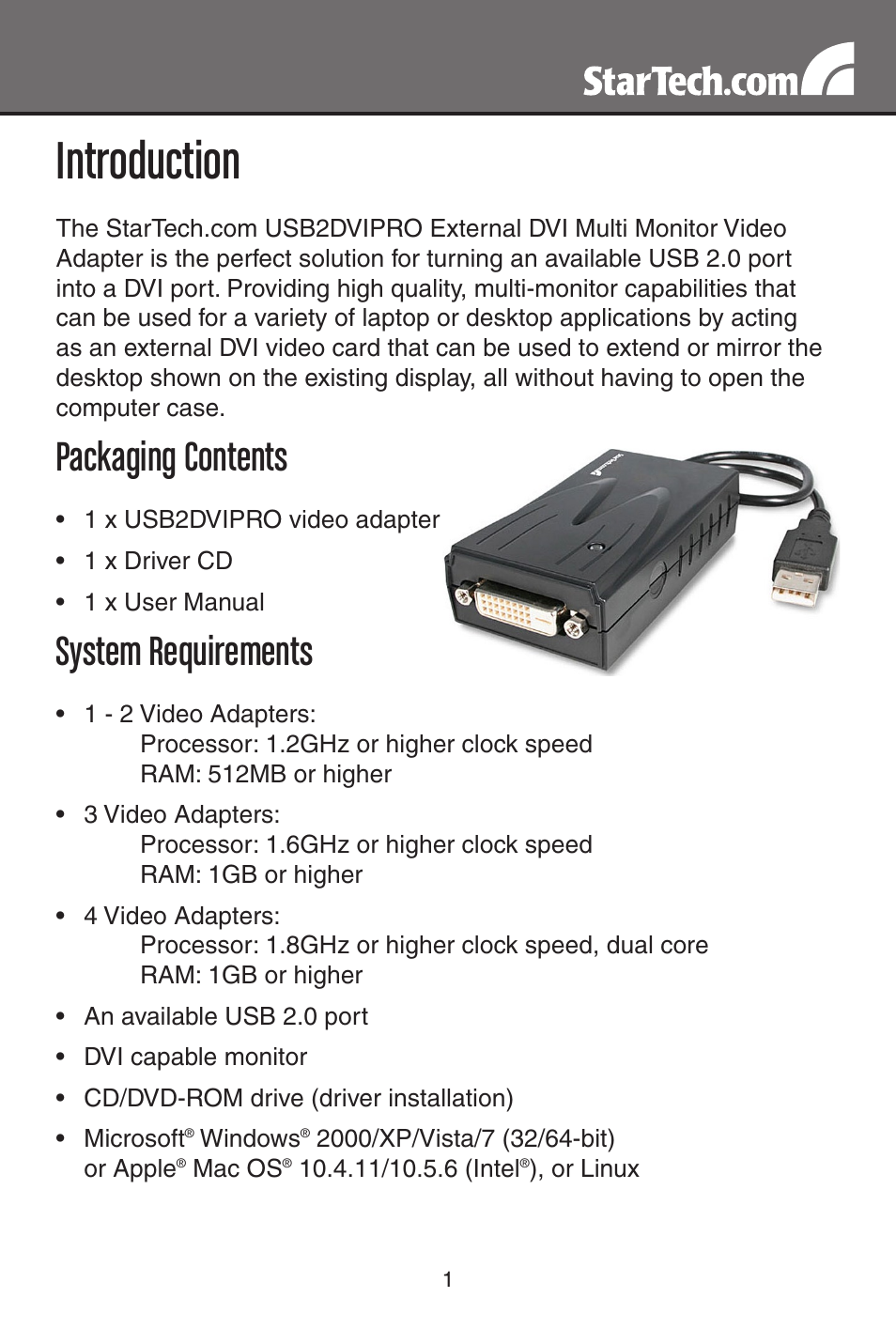 Introduction, Packaging contents, System requirements | StarTech.com USB2DVIPRO User Manual | Page 4 / 17