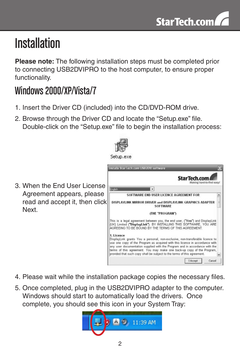 Installation | StarTech.com USB2DVIPRO User Manual | Page 5 / 17