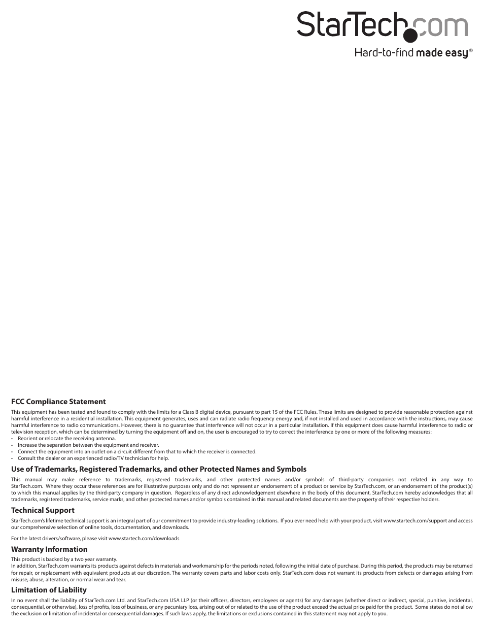 Fcc compliance statement, Technical support, Warranty information | Limitation of liability | StarTech.com COMPUTPEXTA User Manual | Page 2 / 2