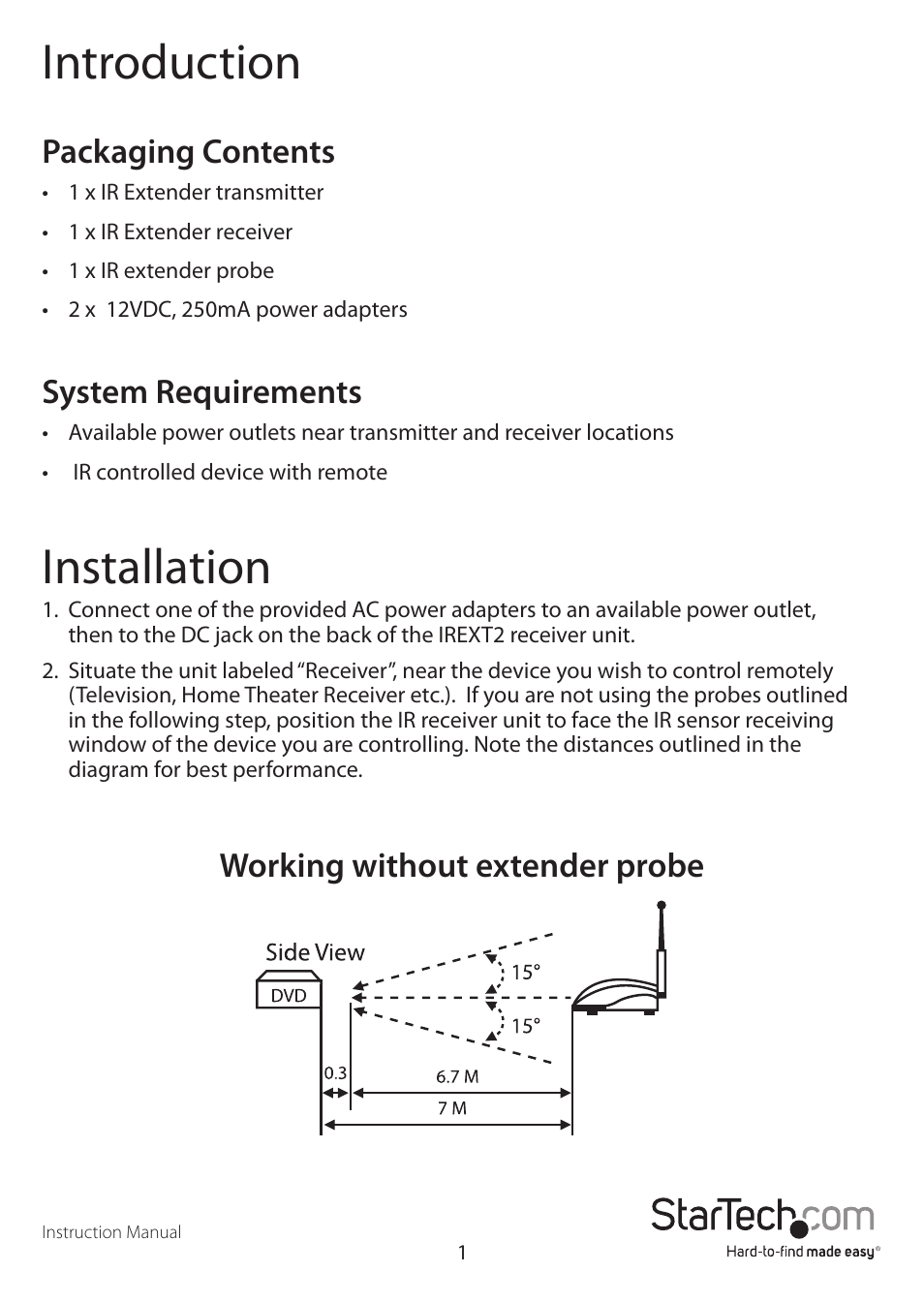 Introduction, Installation, Packaging contents | System requirements, Working without extender probe | StarTech.com IREXT2 User Manual | Page 4 / 8