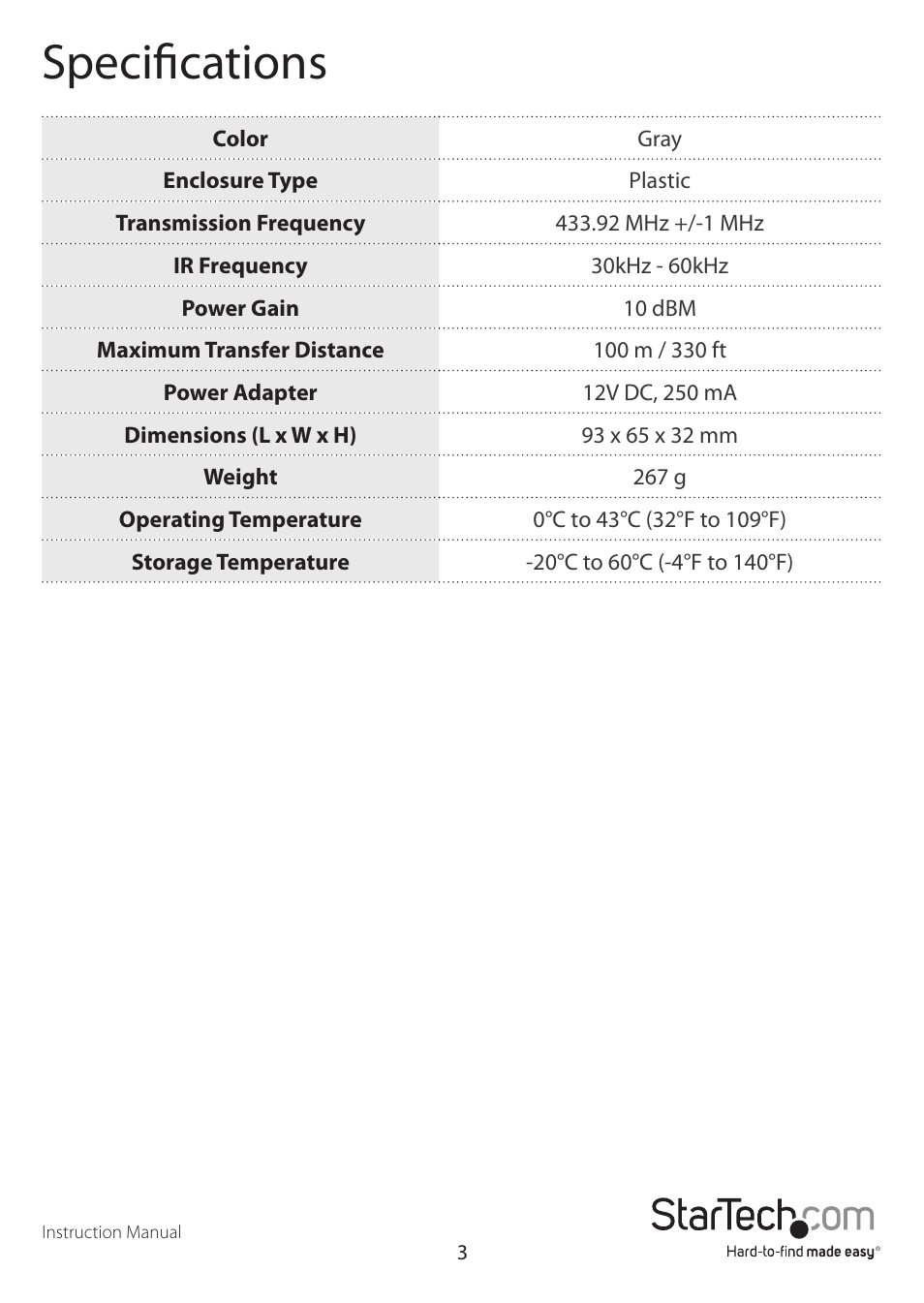 Specifications | StarTech.com IREXT2 User Manual | Page 6 / 8