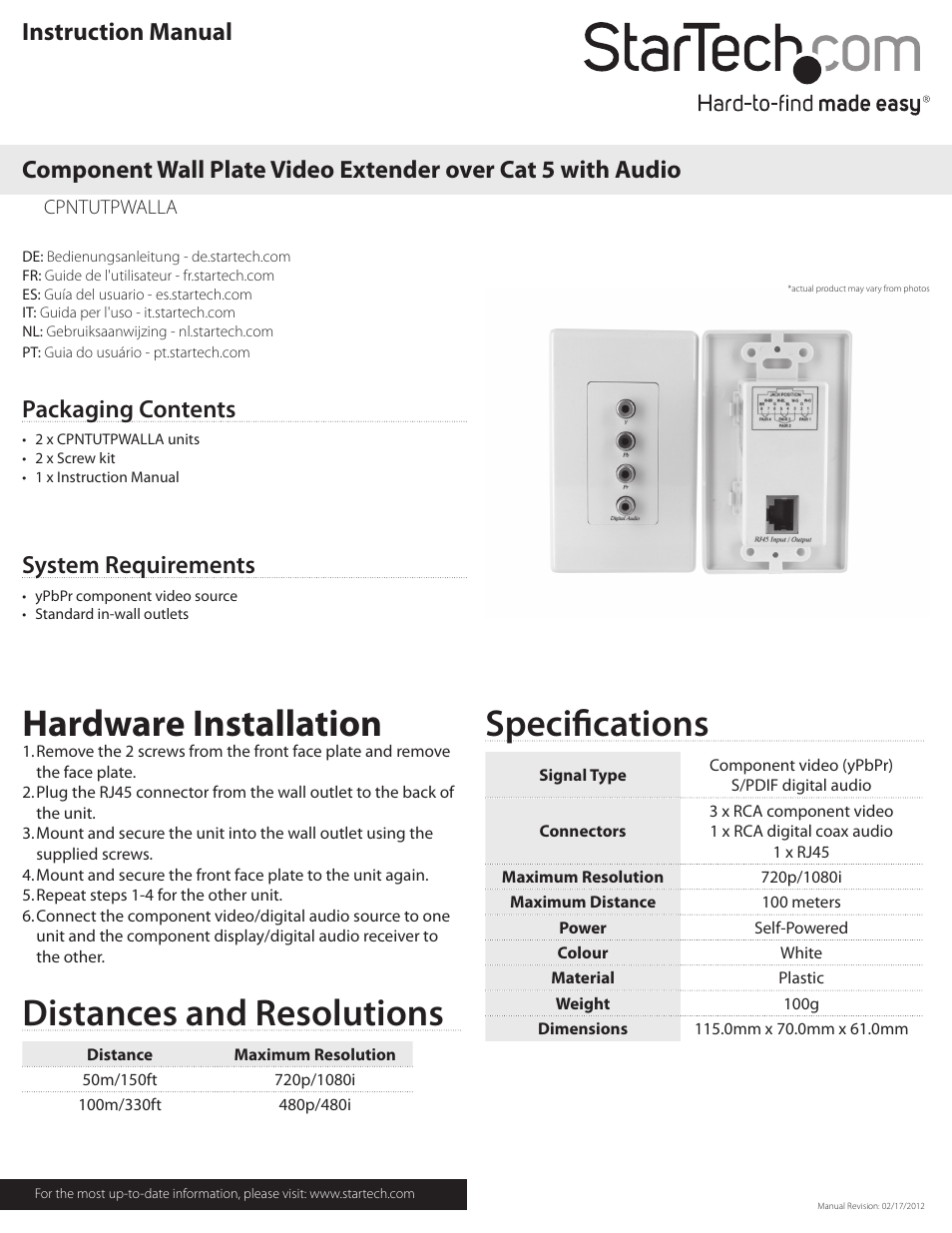StarTech.com CPNTUTPWALLA User Manual | 2 pages