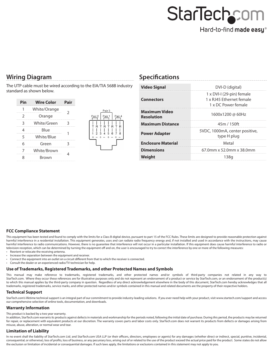 Specifications, Wiring diagram | StarTech.com ST121UTPDVEU User Manual | Page 2 / 2