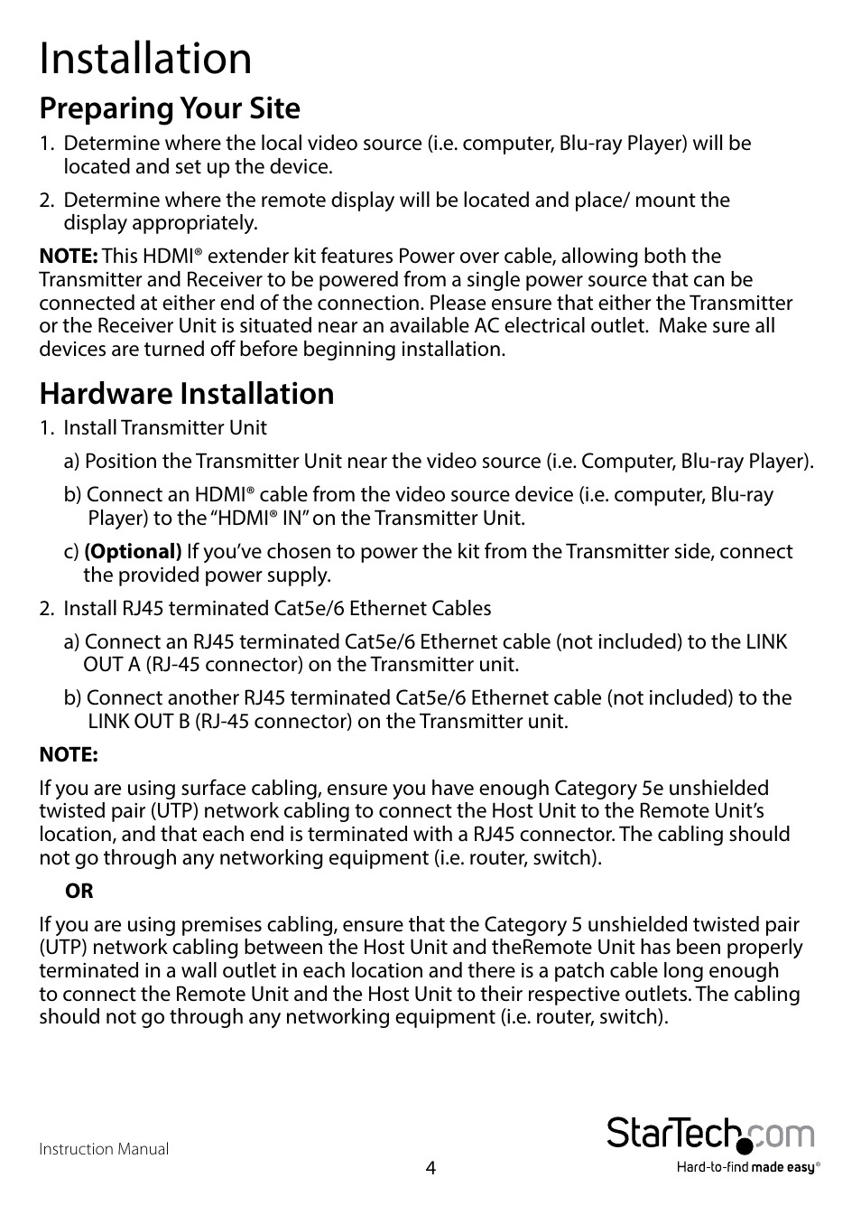 Installation, Preparing your site, Hardware installation | Preparing your site hardware installation | StarTech.com ST121SHD50 User Manual | Page 7 / 13