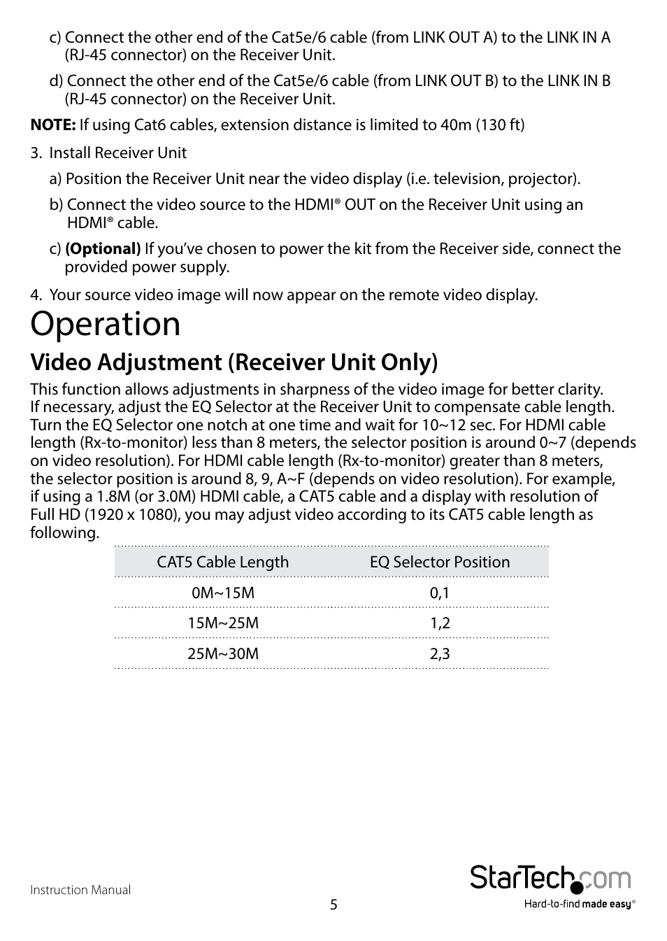 Operation, Video adjustment (receiver unit only) | StarTech.com ST121SHD50 User Manual | Page 8 / 13