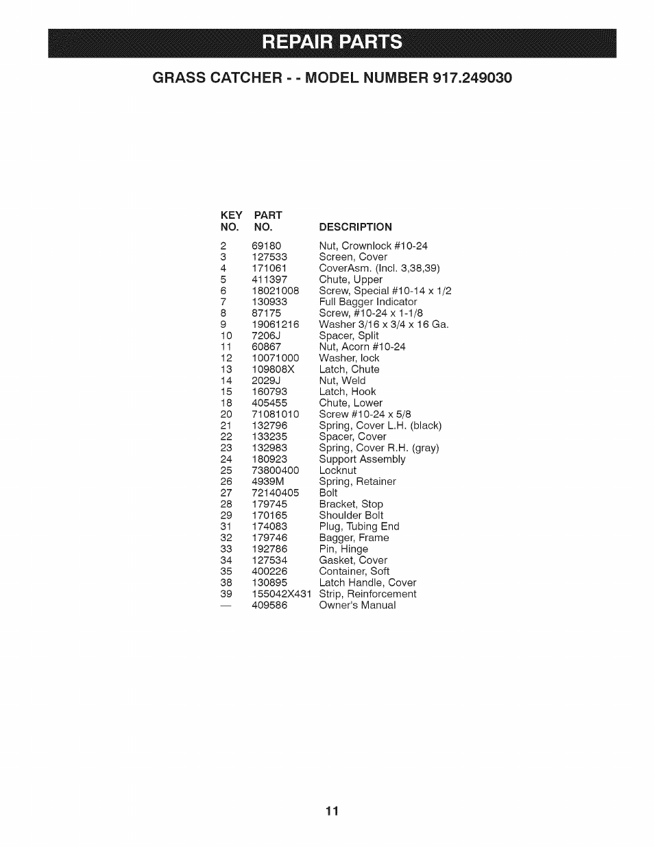 Repair parts | Craftsman 917.24903 User Manual | Page 11 / 12