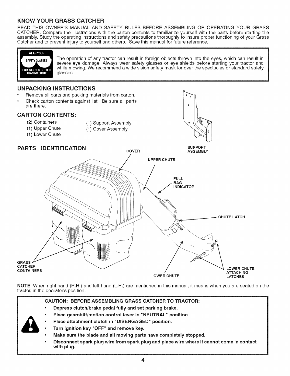 Unpacking instructions, Carton contents, Parts identification | Craftsman 917.24903 User Manual | Page 4 / 12