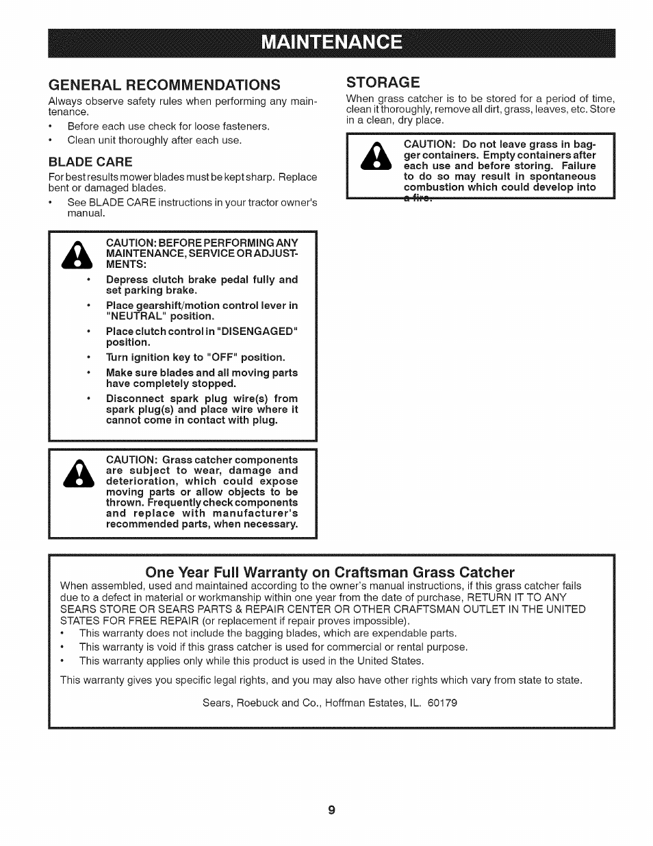 Maintenance, Blade care, Storage | One year full warranty on craftsman grass catcher, Maintenance storage | Craftsman 917.24903 User Manual | Page 9 / 12