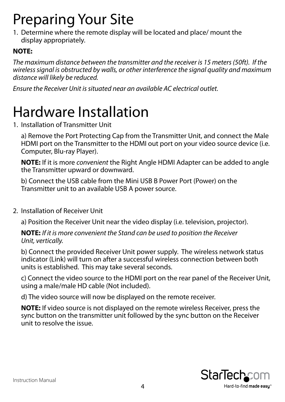 Preparing your site, Hardware installation | StarTech.com ST121WHDST User Manual | Page 7 / 12