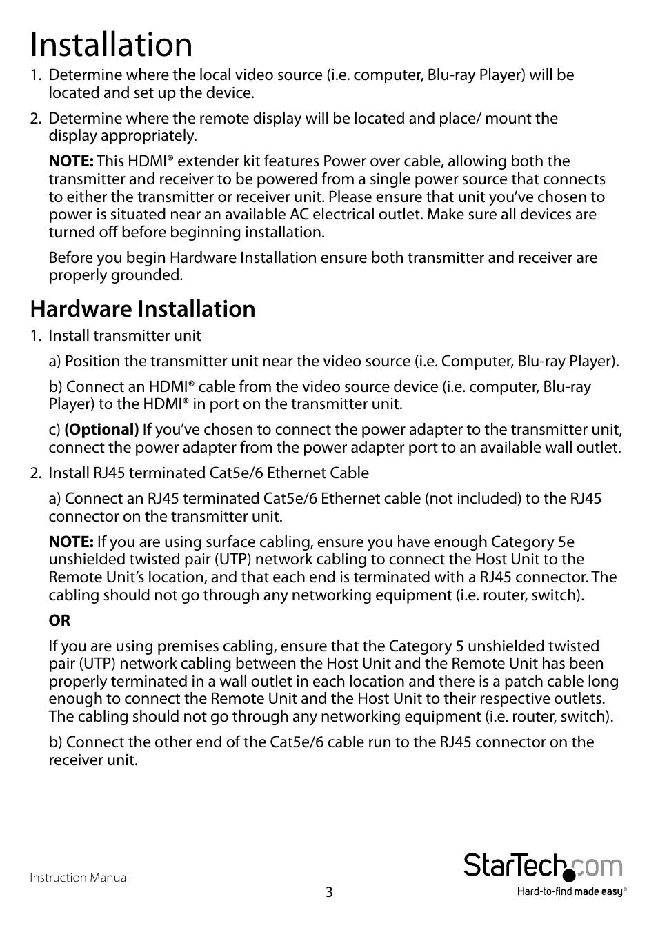 Installation, Hardware installation | StarTech.com ST121HDBTPW User Manual | Page 6 / 9