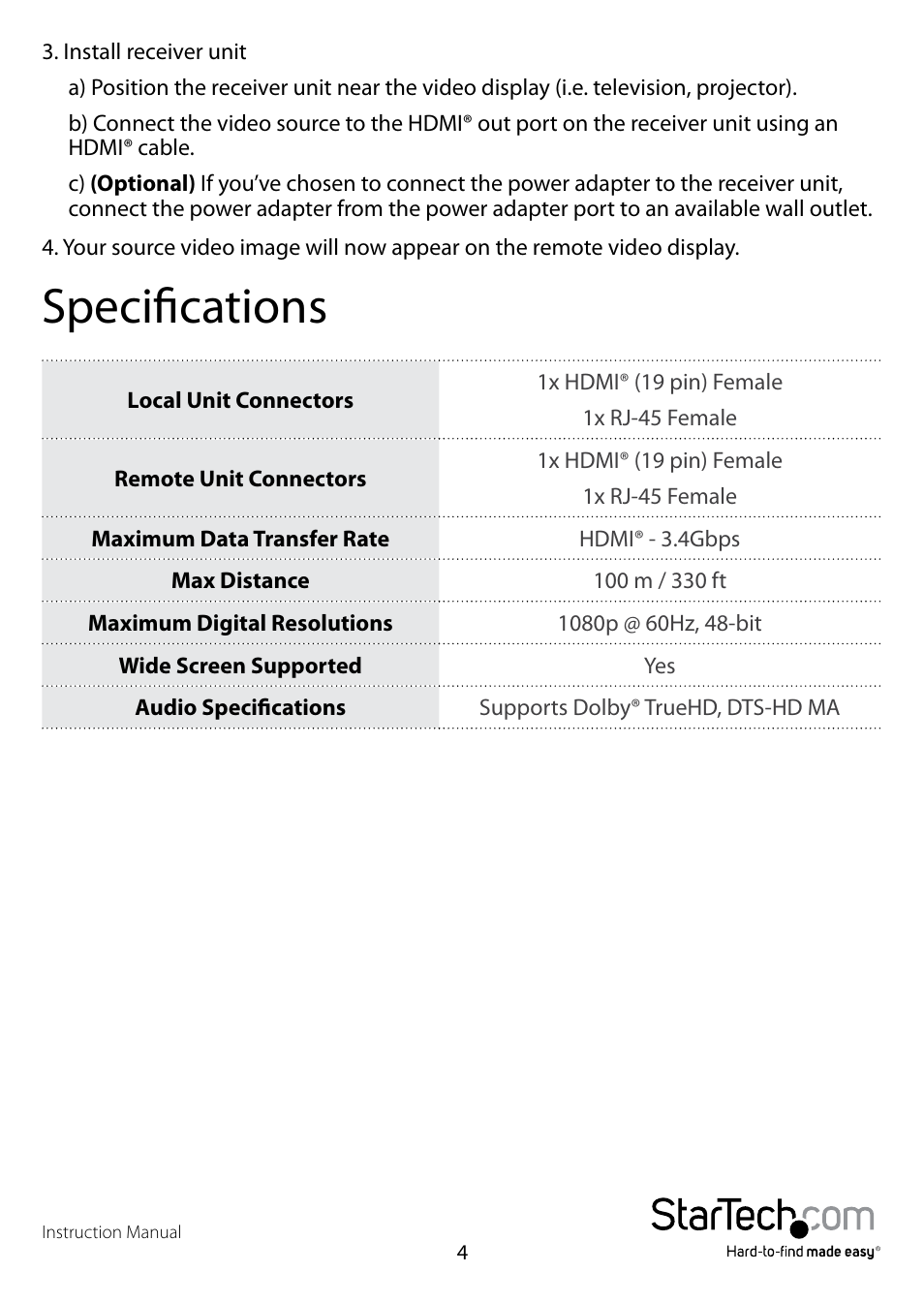 Specifications | StarTech.com ST121HDBTPW User Manual | Page 7 / 9