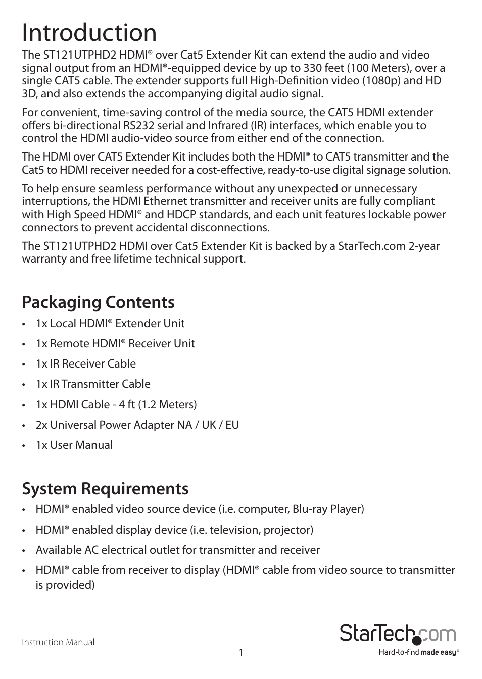 Introduction, Packaging contents, System requirements | StarTech.com ST121UTPHD2 User Manual | Page 4 / 11
