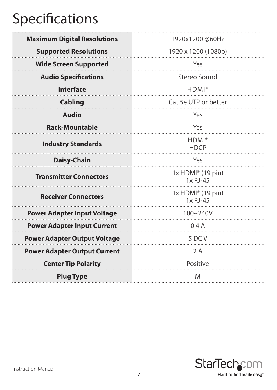 Specifications | StarTech.com ST12MHDLAN User Manual | Page 10 / 12