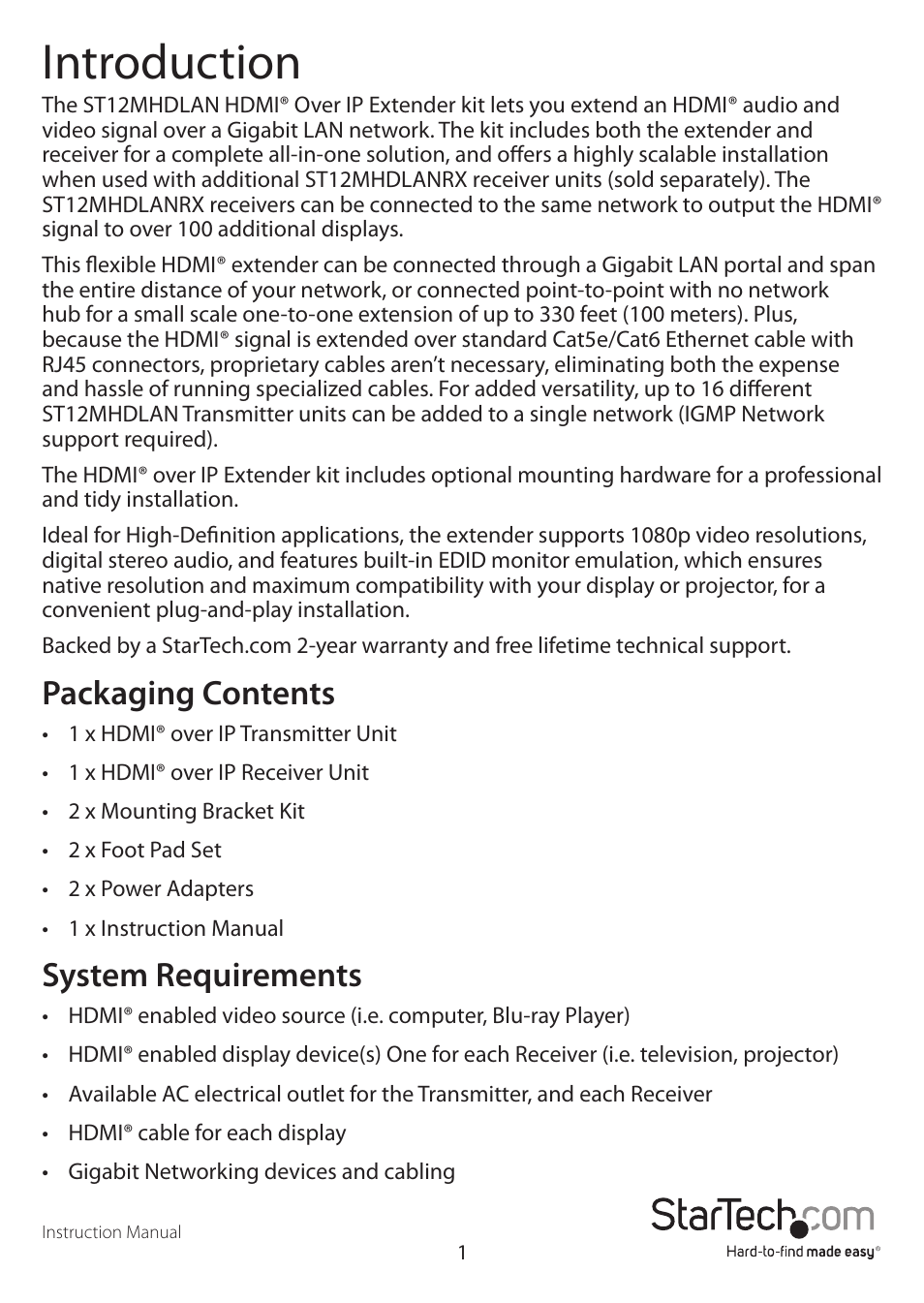 Introduction, Packaging contents, System requirements | StarTech.com ST12MHDLAN User Manual | Page 4 / 12