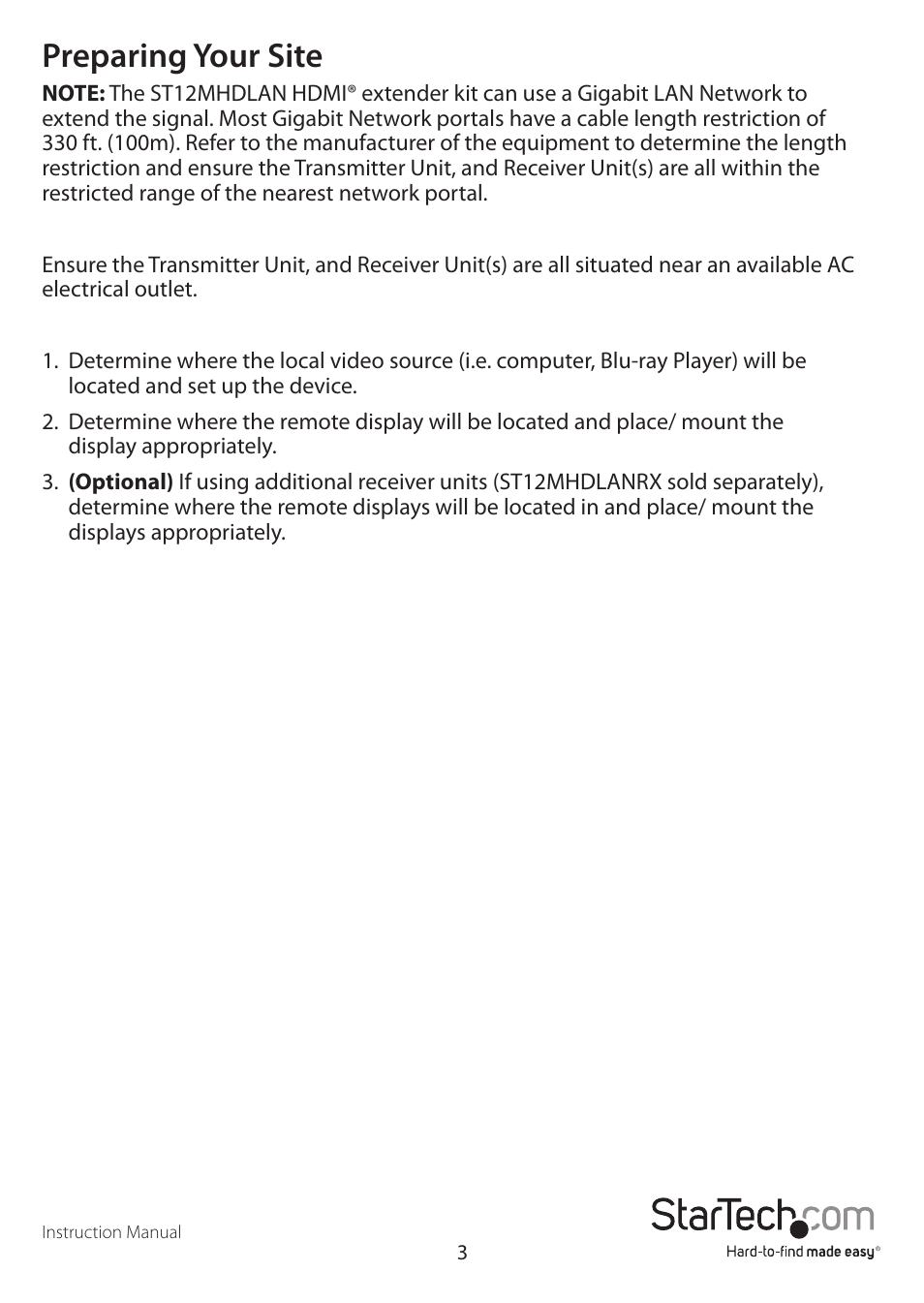 Preparing your site | StarTech.com ST12MHDLAN User Manual | Page 6 / 12