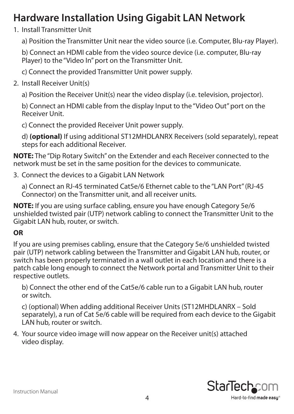 Hardware installation using gigabit lan network | StarTech.com ST12MHDLAN User Manual | Page 7 / 12