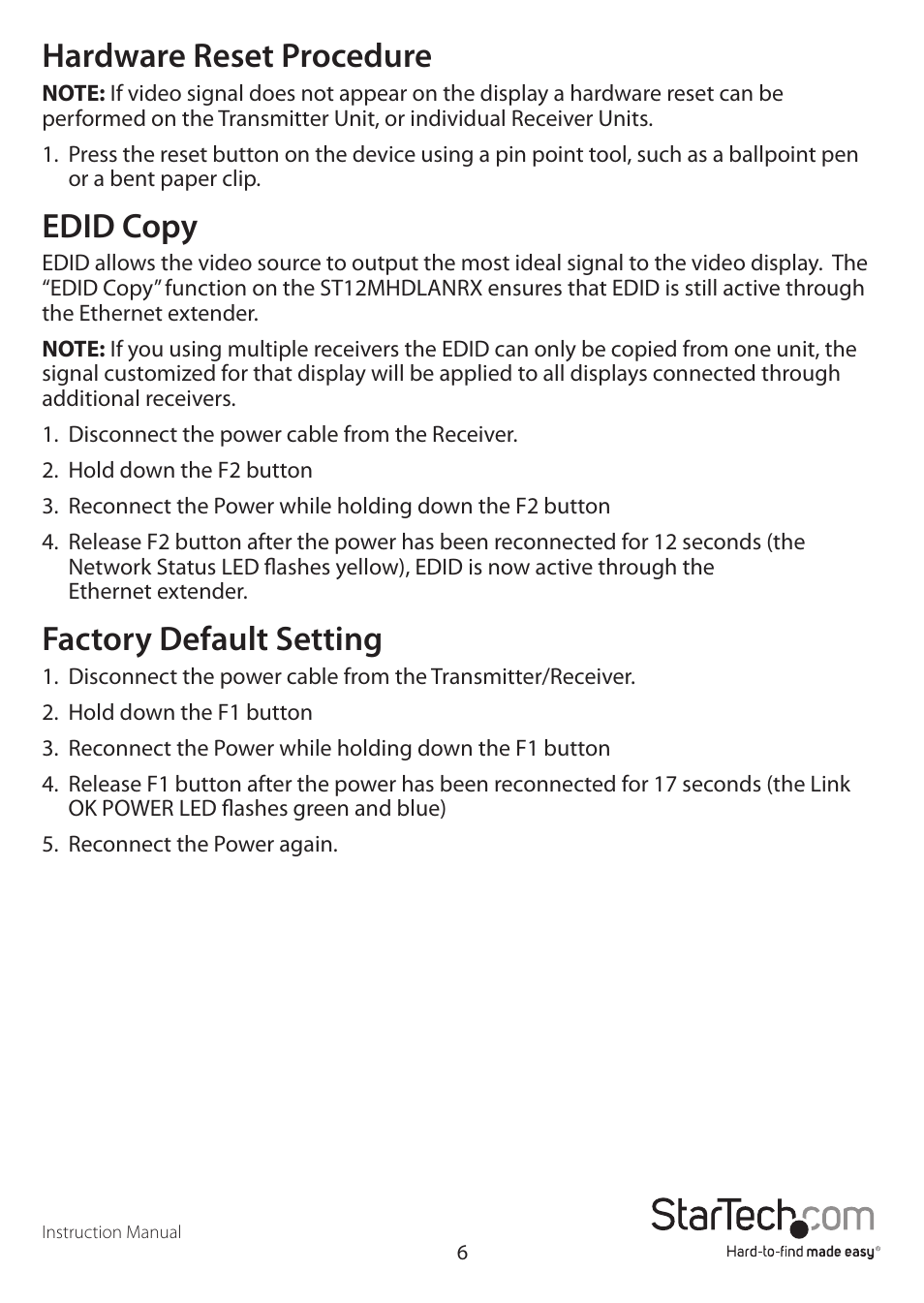 Hardware reset procedure, Edid copy, Factory default setting | StarTech.com ST12MHDLAN User Manual | Page 9 / 12