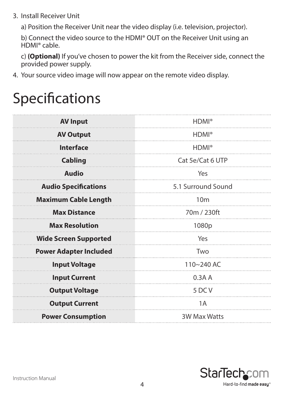 Specifications | StarTech.com ST121HDBTE User Manual | Page 7 / 9