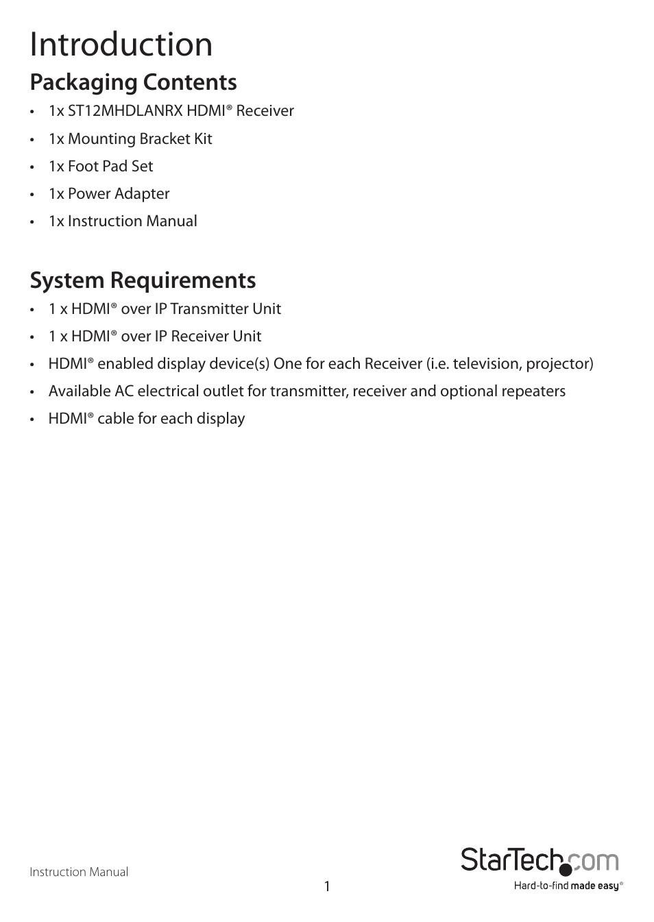 Introduction, Packaging contents, System requirements | StarTech.com ST12MHDLANRX User Manual | Page 4 / 10