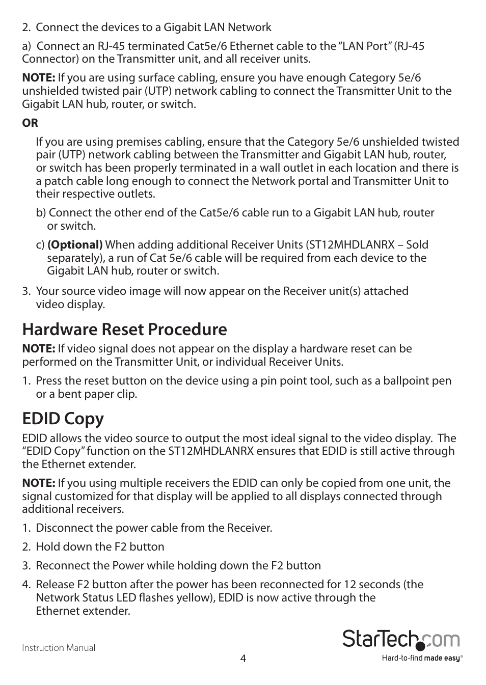 Hardware reset procedure, Edid copy | StarTech.com ST12MHDLANRX User Manual | Page 7 / 10