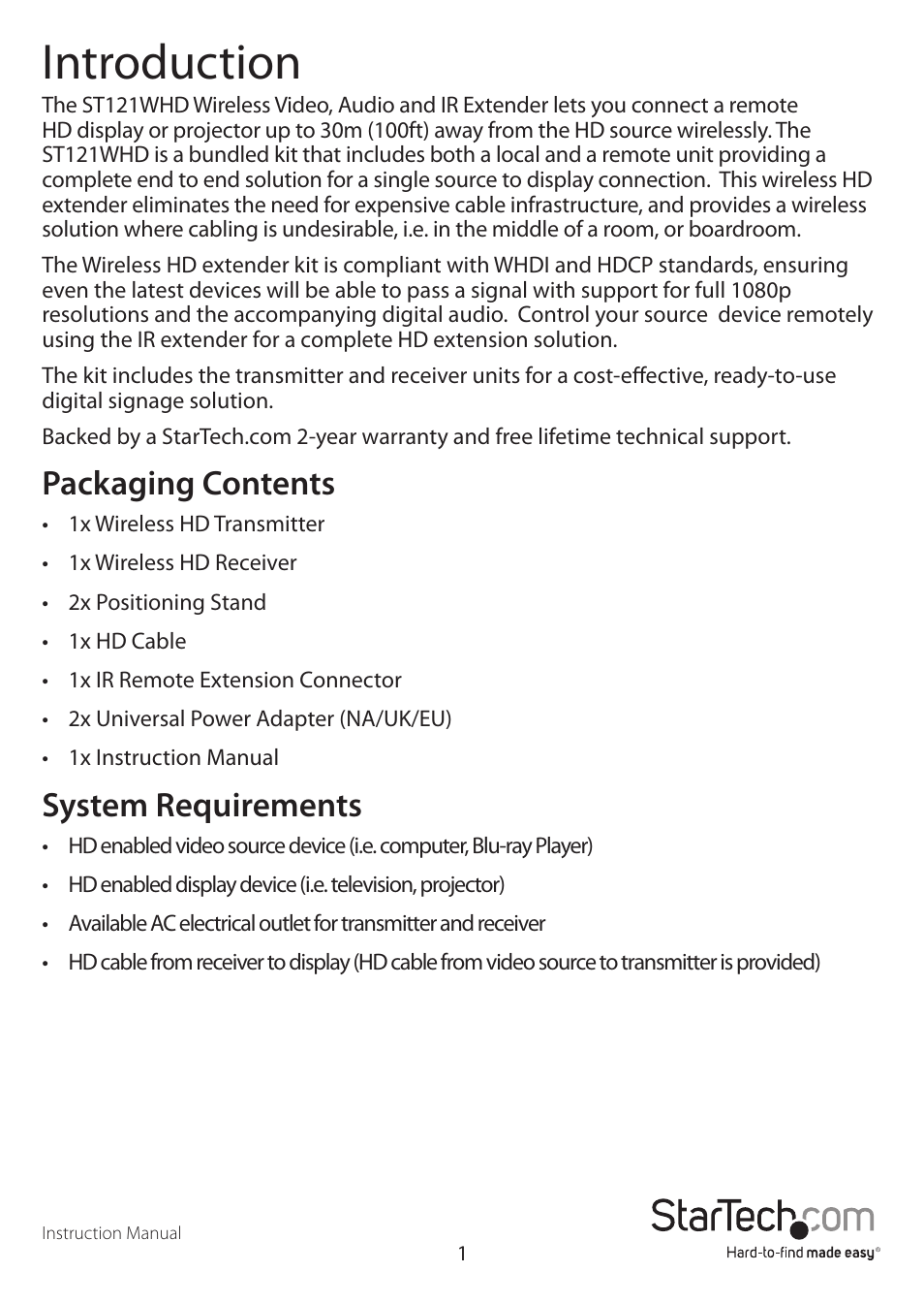 Introduction, Packaging contents, System requirements | StarTech.com ST121WHD User Manual | Page 4 / 13