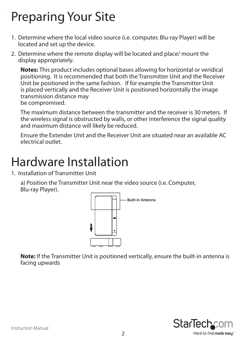 Preparing your site, Hardware installation | StarTech.com ST121WHD User Manual | Page 5 / 13