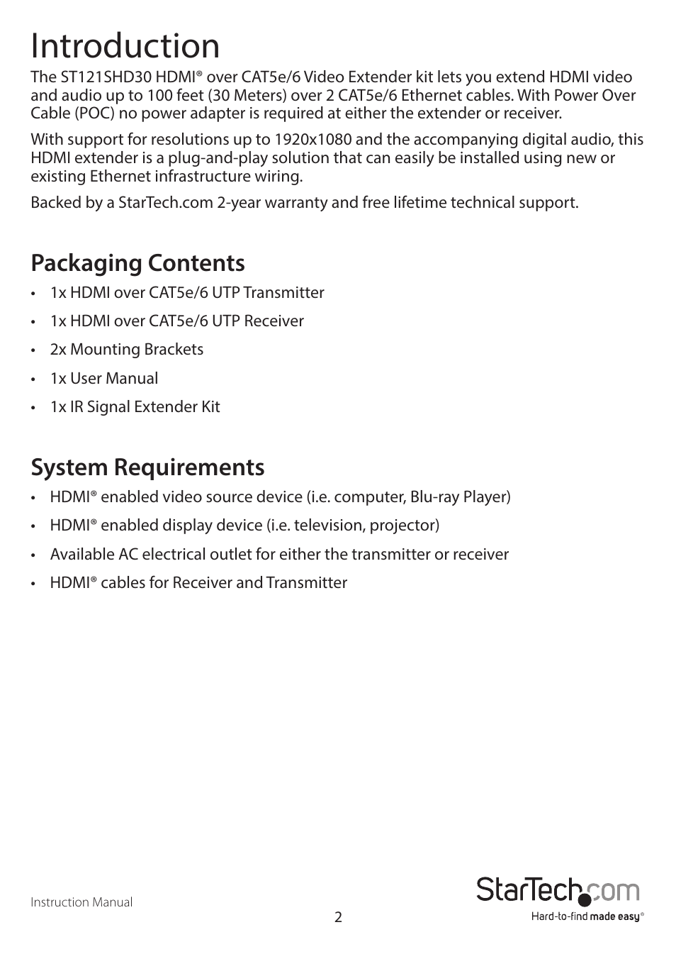 Introduction, Packaging contents, System requirements | StarTech.com ST121SHD30 User Manual | Page 5 / 10