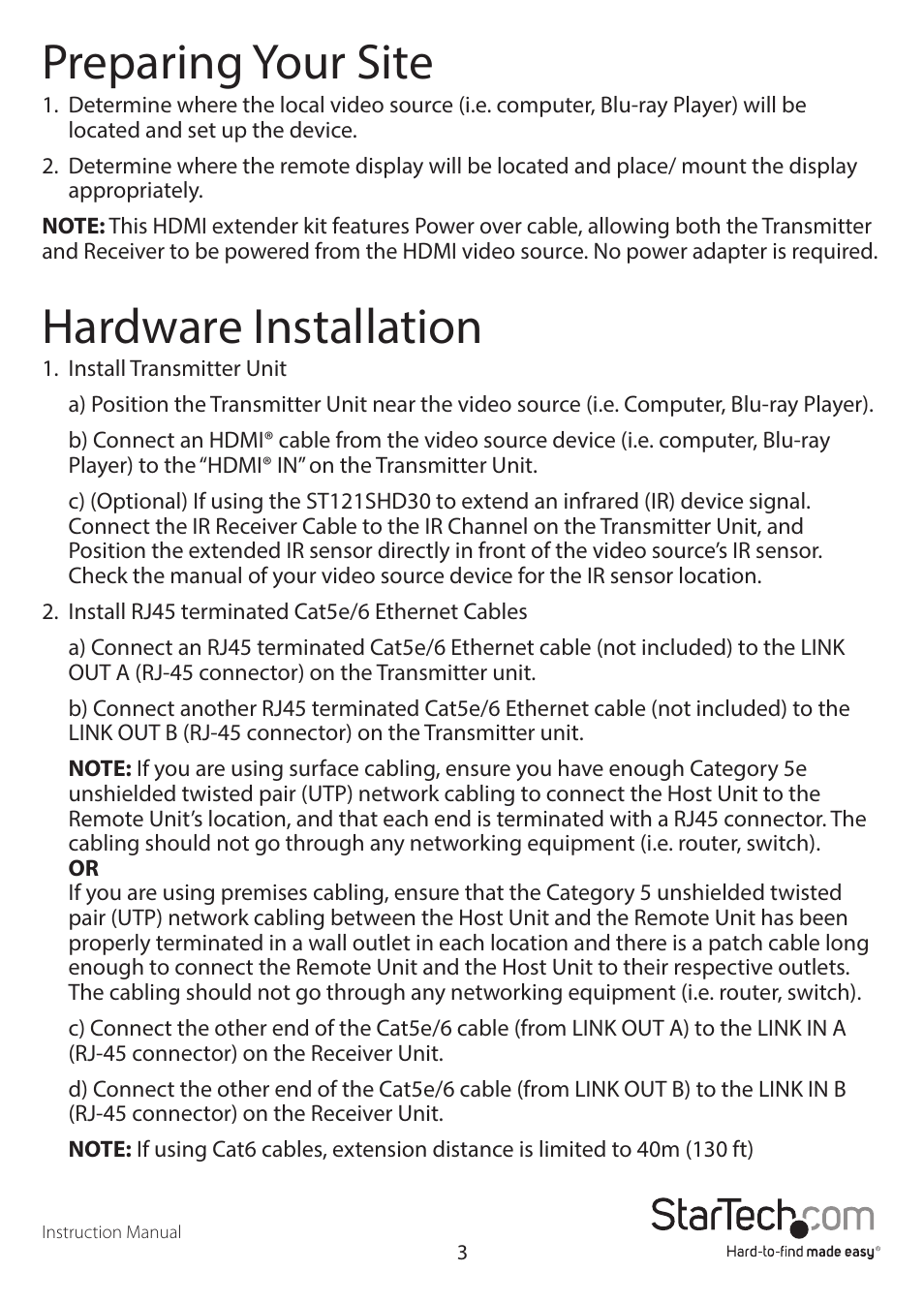 Preparing your site, Hardware installation | StarTech.com ST121SHD30 User Manual | Page 6 / 10