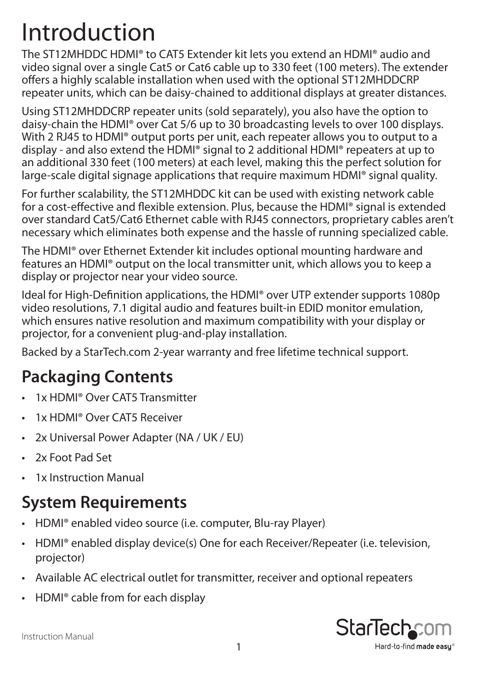 Introduction, Packaging contents, System requirements | StarTech.com ST12MHDDC User Manual | Page 4 / 12