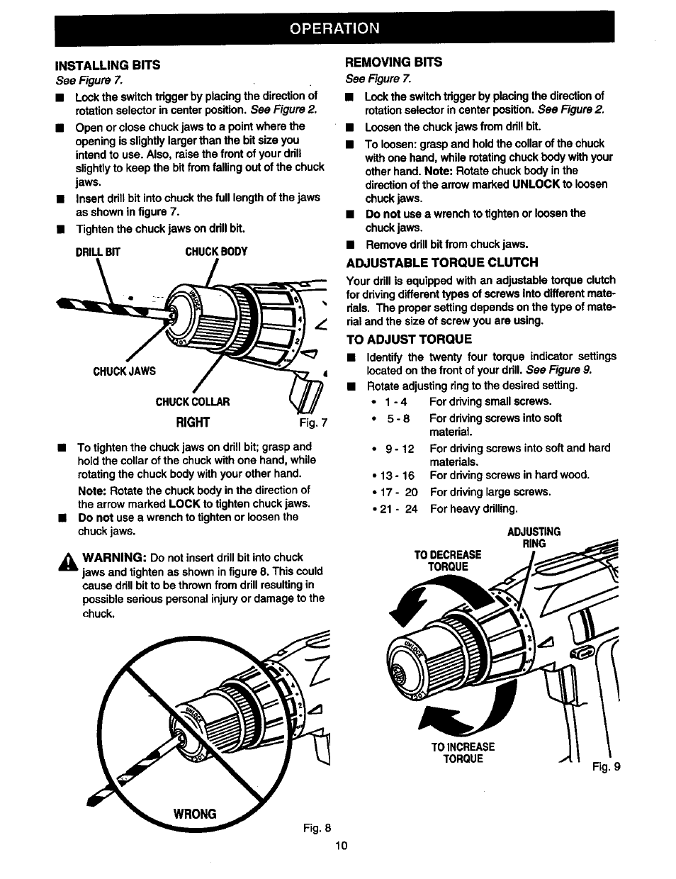 Installing bits, Removing bits, Adjustable torque clutch | To adjust torque | Craftsman 973.2748.70 User Manual | Page 10 / 16