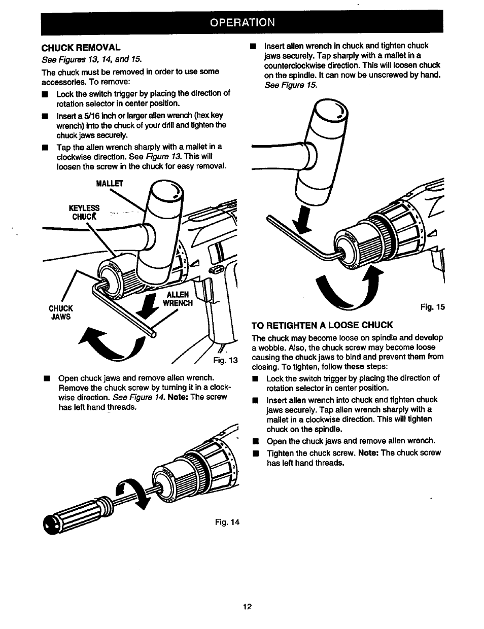 Chuck removal, To retighten a loose chuck, Operation | Craftsman 973.2748.70 User Manual | Page 12 / 16