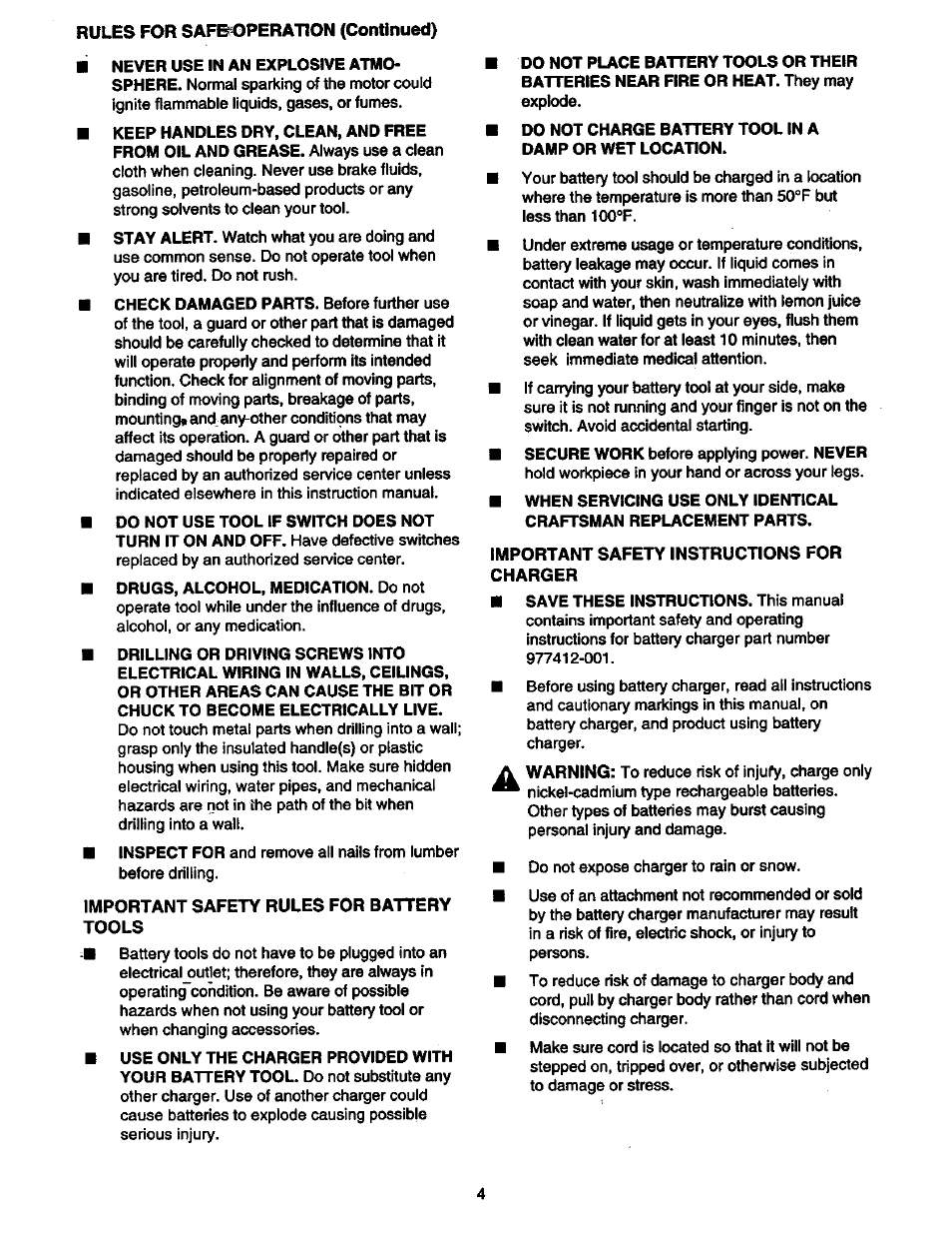 Important safety rules for battery tools, Important safety instructions for, Charger | Craftsman 973.2748.70 User Manual | Page 4 / 16